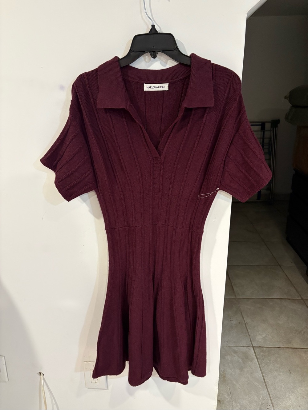 Burgundy Polo Ribbed Mini Dress/ Knit dress